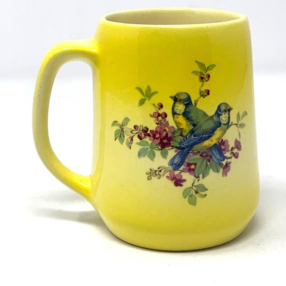 VTG Yellow Pottery Mug Bird Floral Signed Stoneware Coffee Cup Cottagecore 8 oz